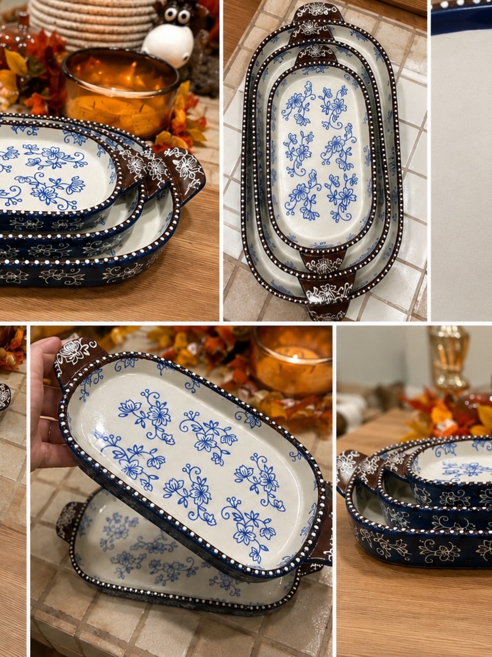 Temp-Tations Blue Floral Ceramic Nesting Serving Trays with Brown Handles